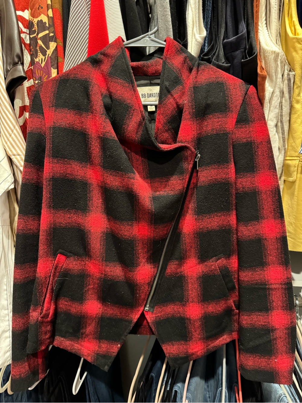 BB Dakota Red & Black Plaid Asymmetrical Zip Moto Jacket